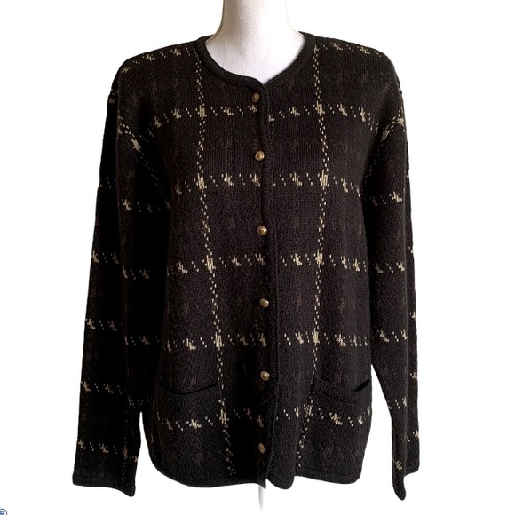 VINTAGE CARDIGAN SWEATER GOLD TONE BUTTON FRONT BLACK PATTERN SIZE XL - Picture 2 of 8